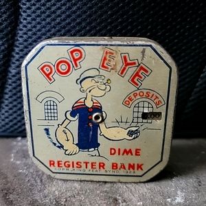 C 1950s lithographed tin Popeyes dime register bank